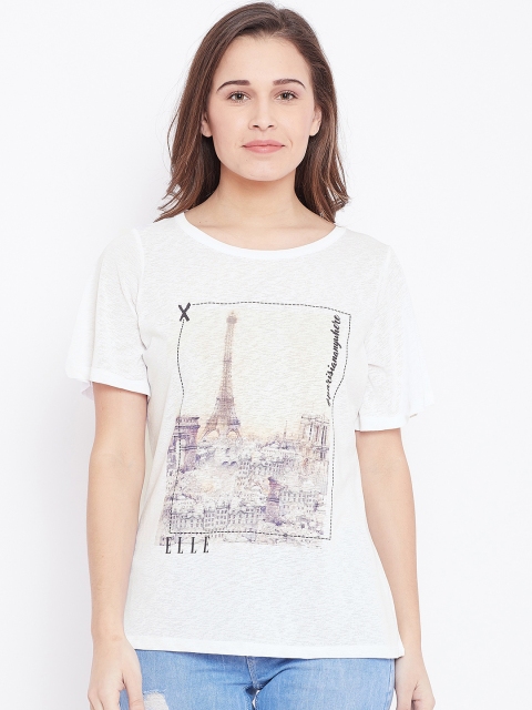 

ELLE Women White Printed Round Neck T-shirt