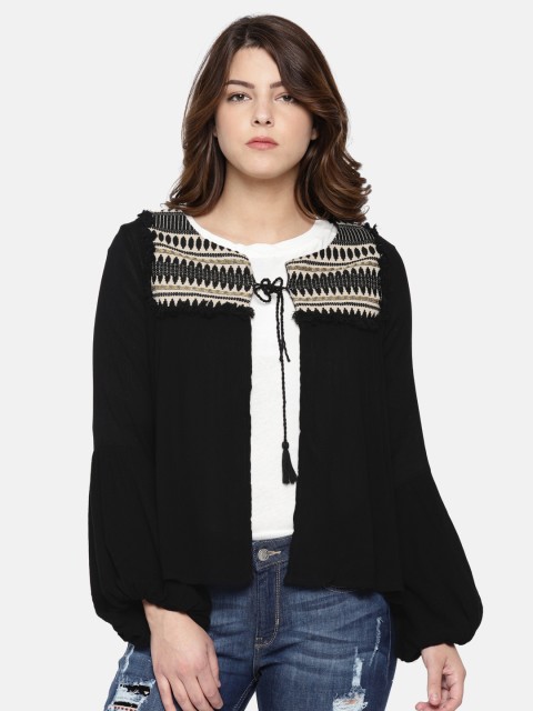 

Elle Black Self Design Tie-Up Shrug