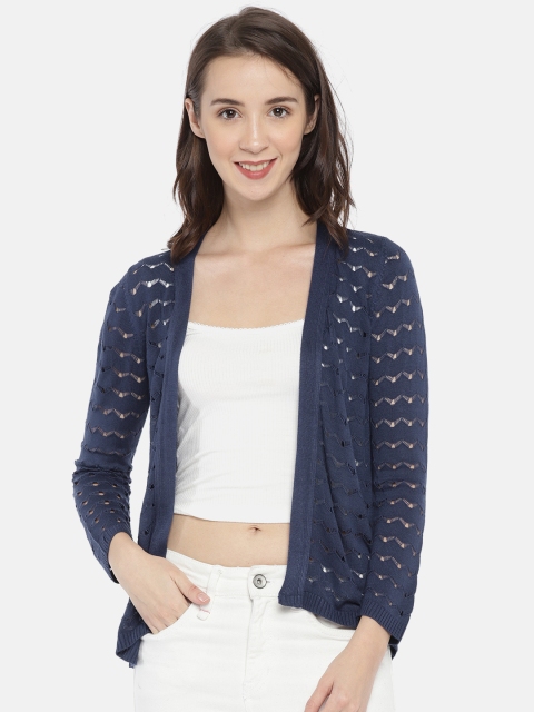 

ELLE Navy Blue Self Design Open Front Shrug
