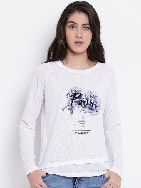 

ELLE Women White Printed Round Neck T-shirt