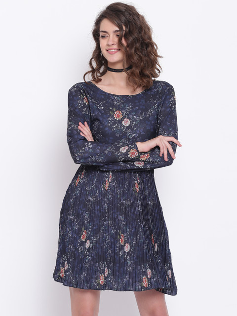 

ELLE Women Navy Blue Floral Printed Fit and Flare Dress