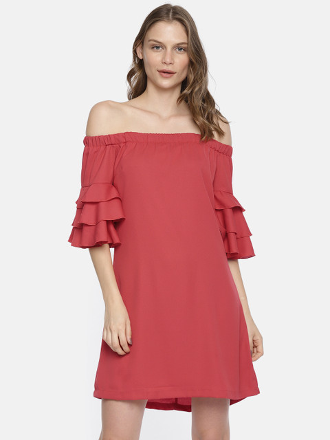 

ELLE Women Red Solid Bardot Dress