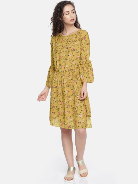 

Elle Women Mustard Yellow Printed A-Line Dress