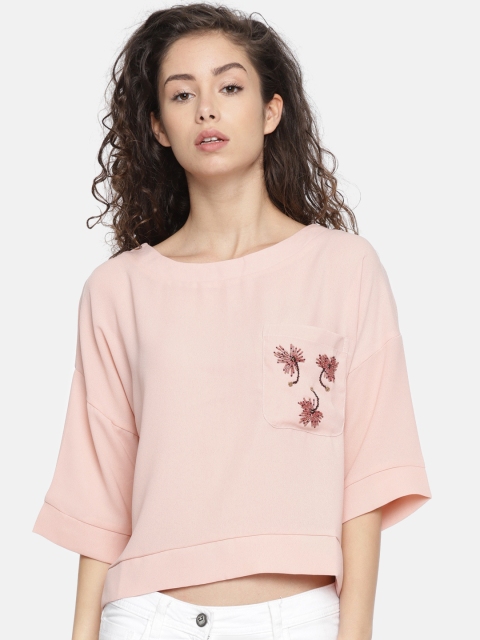 

Elle Women Peach-Coloured Embellished High-Low Top