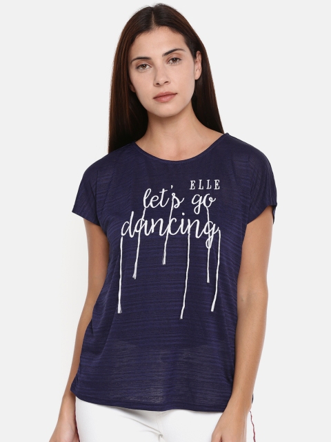 

Elle Women Navy Blue Printed Round Neck T-shirt