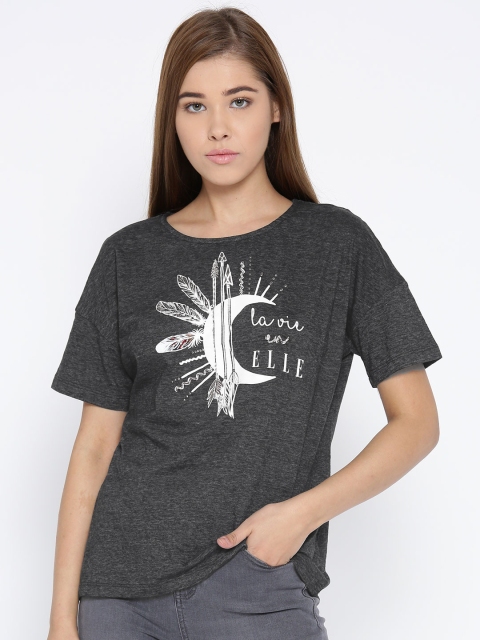 

Elle Women Charcoal Grey Printed Round Neck T-shirt