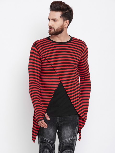 

FUGAZEE Men Red & Black Striped Round Neck Longline T-shirt