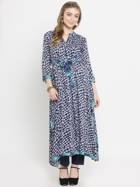 

Indibelle Women Blue & White Printed Kurta with Trousers
