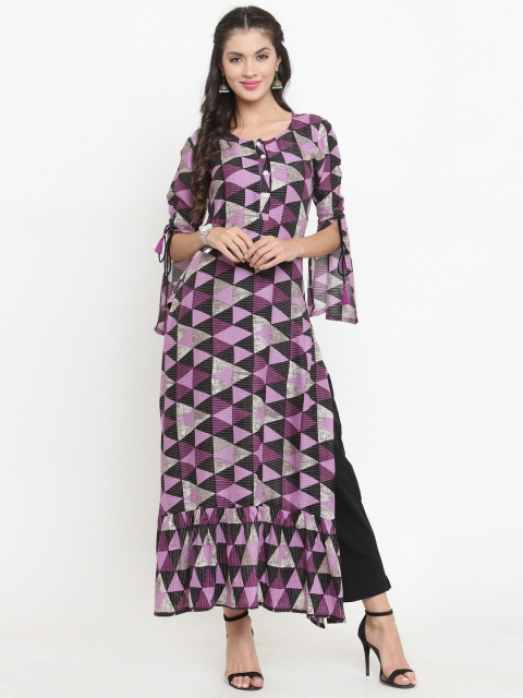 

Indibelle Women Purple & Black Printed Kurta with Trousers