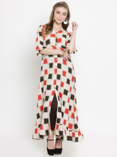 

Indibelle Women Off-White & Red Printed Kurta with Trousers