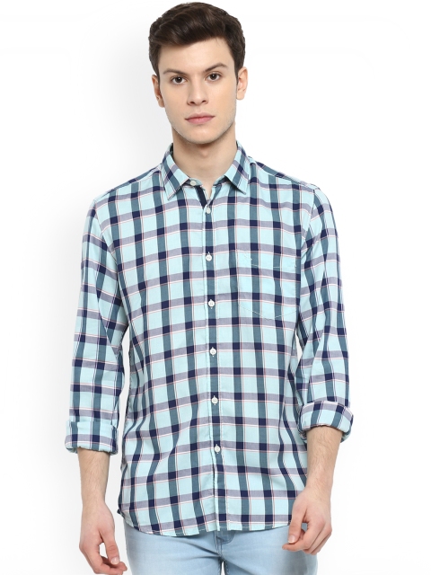 

Parx Men Turquoise Blue & Navy Blue Slim Fit Checked Casual Shirt