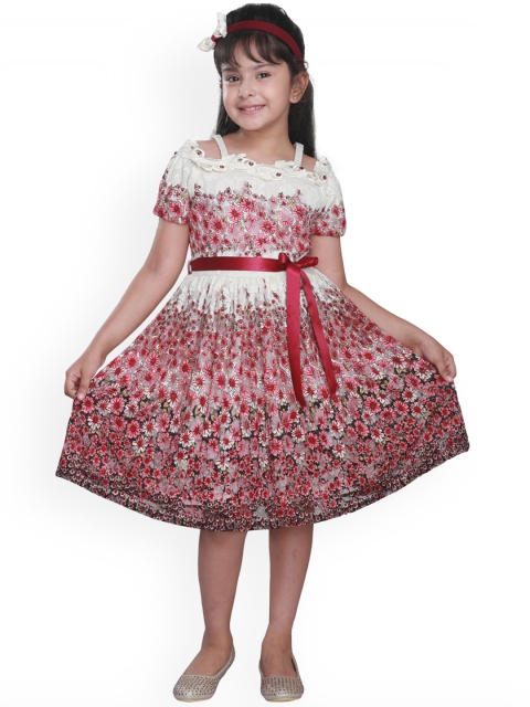 

CUTECUMBER Girls Off-White & Maroon Self Design Fit and Flare Dress