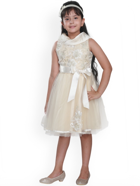 

CUTECUMBER Girls Cream-Coloured Embroidered Fit and Flare Dress