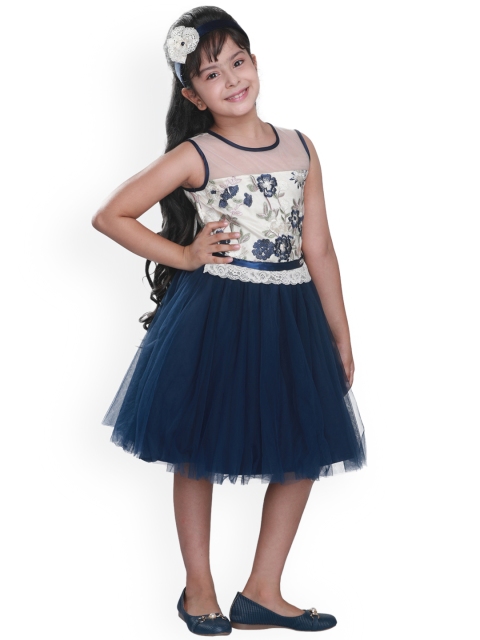 

CUTECUMBER Girls Navy Blue & Cream-Coloured Self Design Fit and Flare Dress