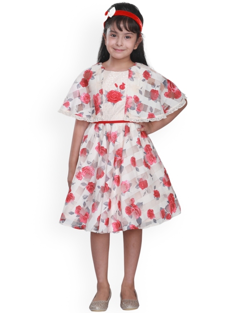 

CUTECUMBER Girls Cream-Coloured & Red Self Design Fit and Flare Dress
