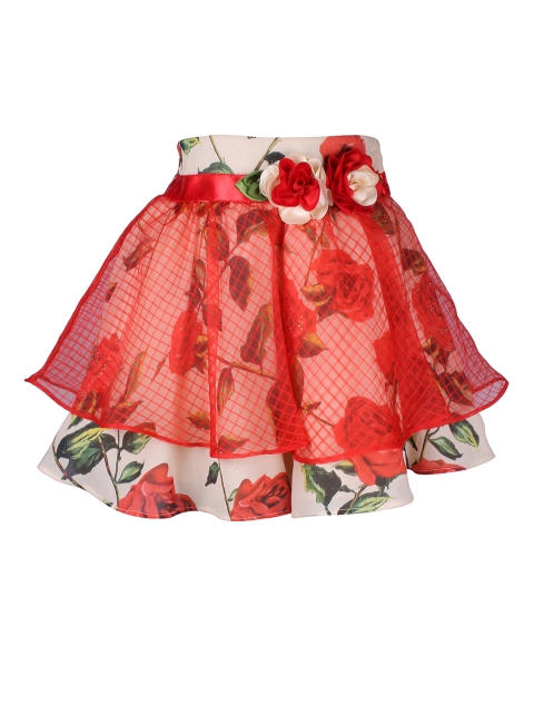 

CUTECUMBER Girls Cream-Coloured & Red Floral Print A-Line Skirt