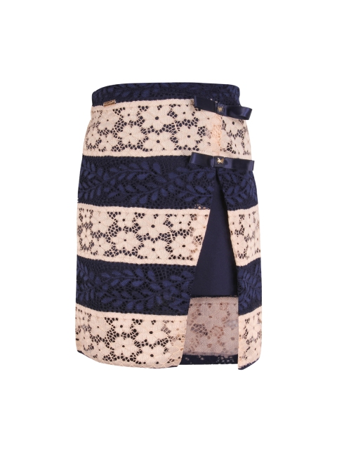 

CUTECUMBER Girls Navy Blue & Beige Striped Lace Straight Skirt