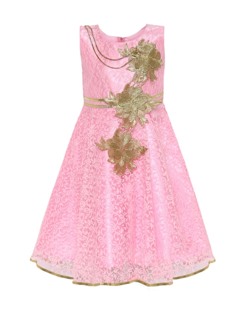 

Aarika Girls Pink Self Design Fit and Flare Dress with Applique Detail