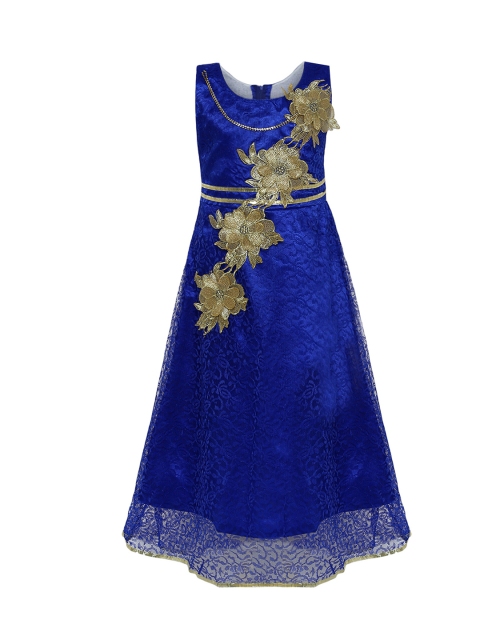 

Aarika Girls Blue Self Design Fit and Flare Dress with Applique Detail