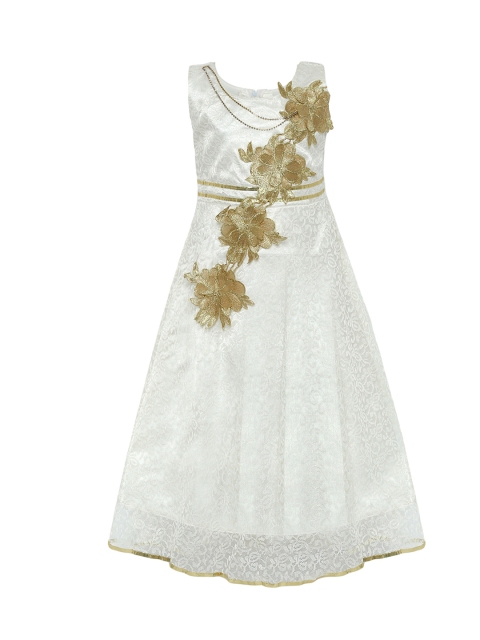 

Aarika Girls White Self Design Fit and Flare Dress with Applique Detail