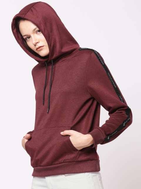 

ether Women Burgundy Solid Hooded Sweatshirt