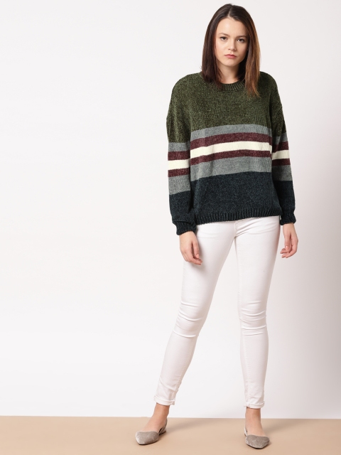 

ether Women Olive Green & Navy Blue Striped Pullover