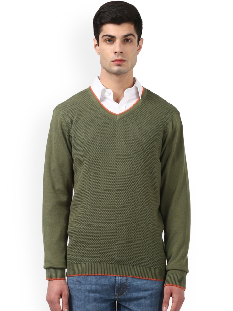 

Park Avenue Men Olive Green Self Design Pullover