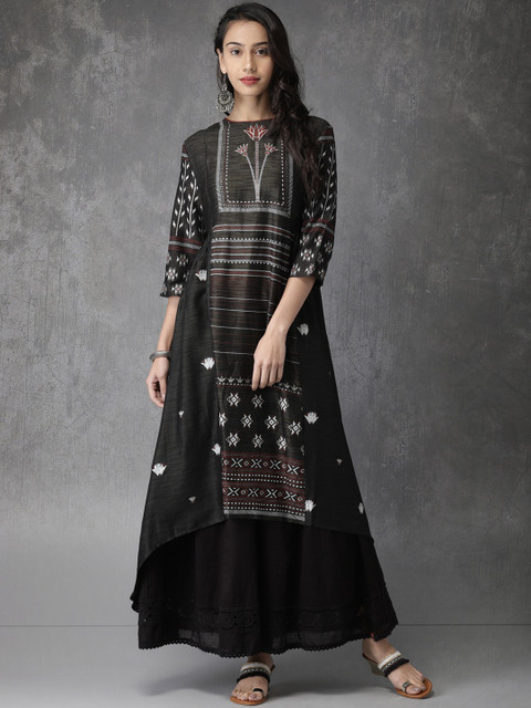 

Anouk Women Black Woven Design A-Line High-Low Kurta