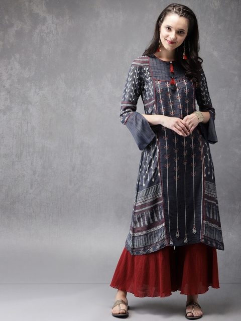 

Anouk Women Navy Printed A-Line Kurta, Navy blue