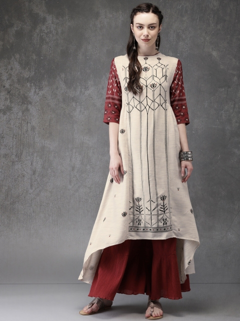 

Anouk Women Off-White Woven Design A-Line Kurta