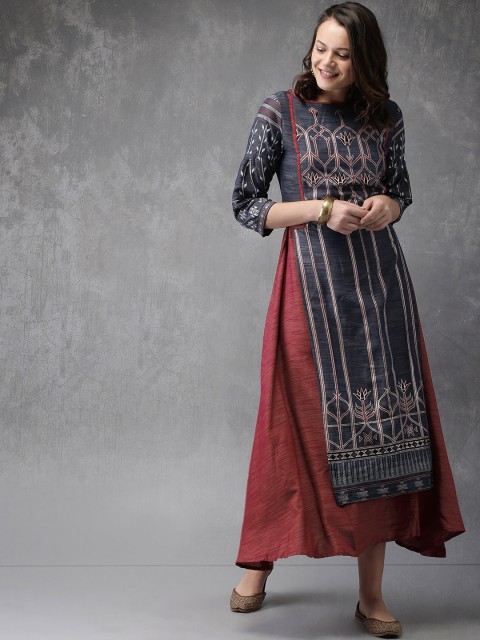

Anouk Women Navy & Maroon Printed A-Line Layered Kurta, Navy blue