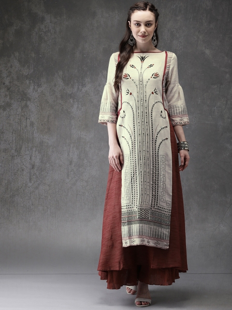

Anouk Women Off-White & Maroon Printed A-Line Layered Kurta