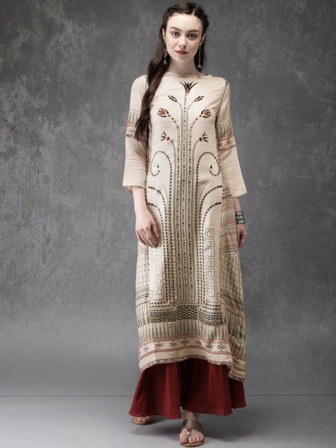 

Anouk Women Beige Woven Design A-Line Kurta