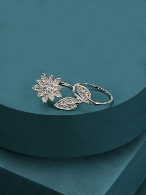 

Amavi Women Silver-Toned Floral Duo Ring