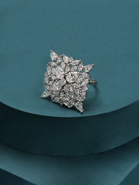 

Amavi Women Silver-Toned Love Spell Square Floral Cocktail Ring