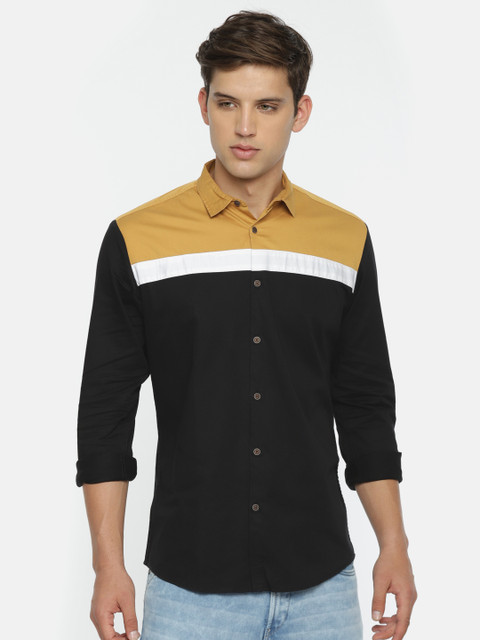

Nature Casuals Men Black & Khaki Slim Fit Colourblocked Casual Shirt