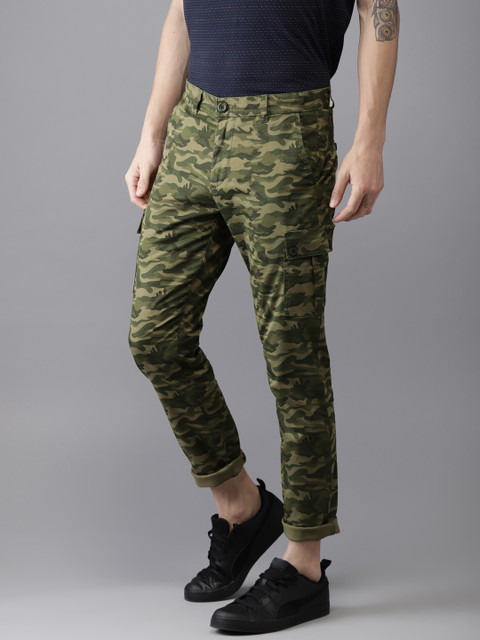 

The Indian Garage Co Men Olive Green Slim Fit Printed Cargos