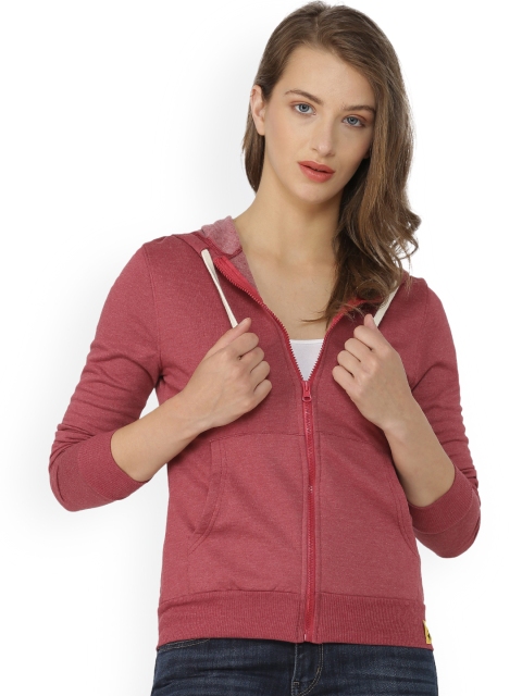 

Campus Sutra Women Coral Solid Hooded Sweatshirt
