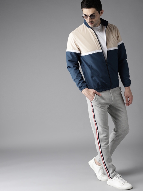

HERE&NOW Men Teal Blue & Cream-Coloured Colourblocked Bomber Jacket