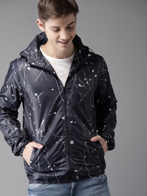 

HERE&NOW Men Navy Blue Printed Hooded Bomber Jacket
