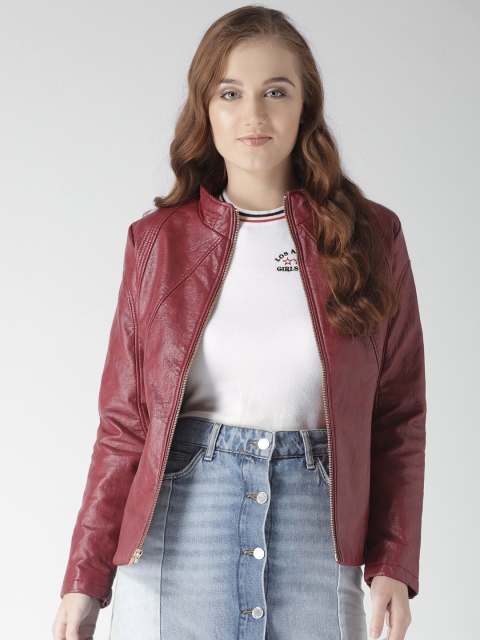 

Fort Collins Women Maroon Solid Biker Jacket