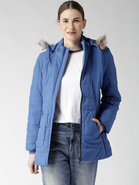 

Fort Collins Women Blue Solid Longline Parka Jacket with Detachable Hood