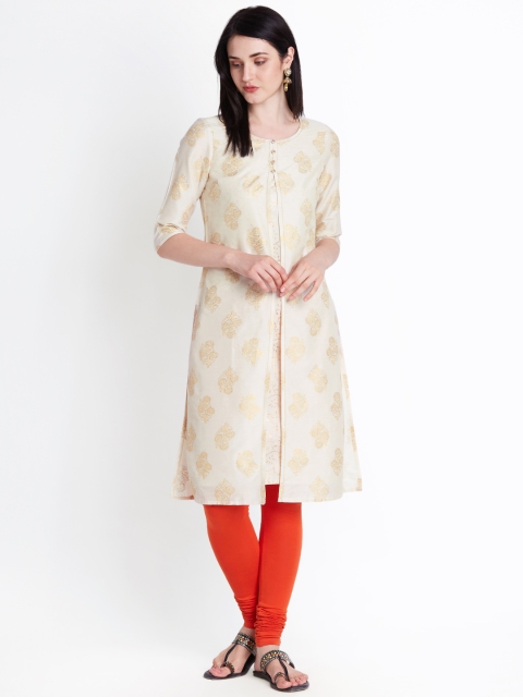 

RANGMANCH BY PANTALOONS Women Off-White Printed A-Line Layered Chanderi Cotton Kurta