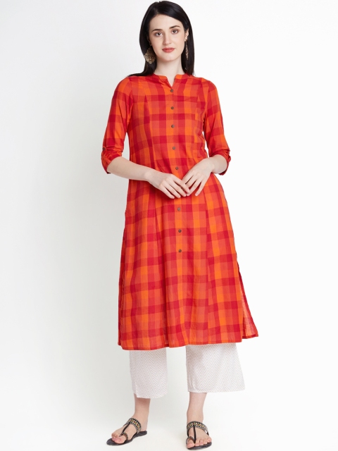 

RANGMANCH BY PANTALOONS Women Red & Orange Checked A-Line Kurta