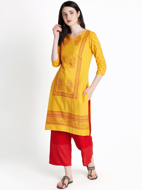 

RANGMANCH BY PANTALOONS Women Yellow Printed Straight Kurta