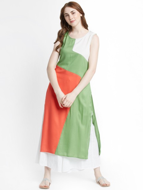 

RANGMANCH BY PANTALOONS Women Green & Orange Colourblocked Straight Kurta