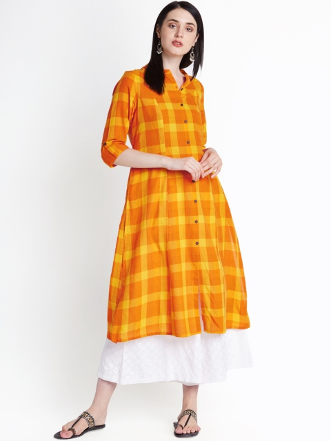 

RANGMANCH BY PANTALOONS Women Yellow & Orange Checked A-Line Kurta
