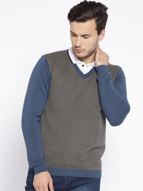 

Blackberrys Men Blue & Yellow Self Design Pullover