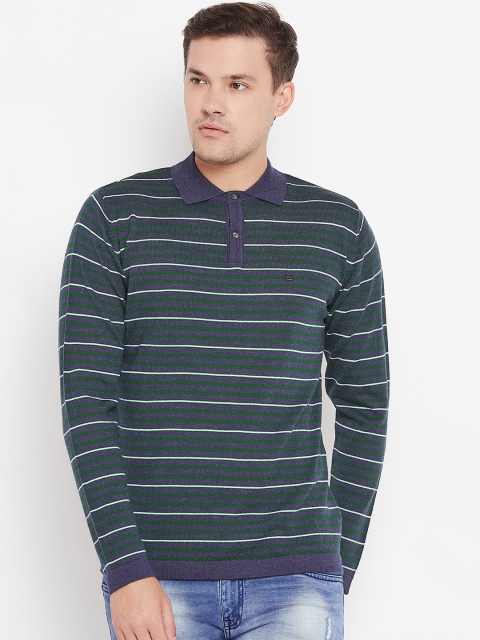 

Blackberrys Men Green & Grey Striped Pullover