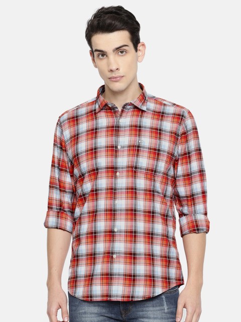 

Blackberrys Men Red & Peach-Coloured Slim Fit Checked Casual Shirt